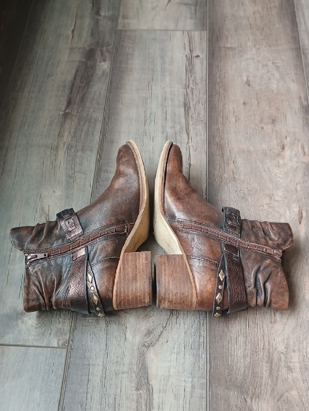 Earth Brown Distressed Leather Ankle Boots with Buckle Strap - Picture 6 of 11